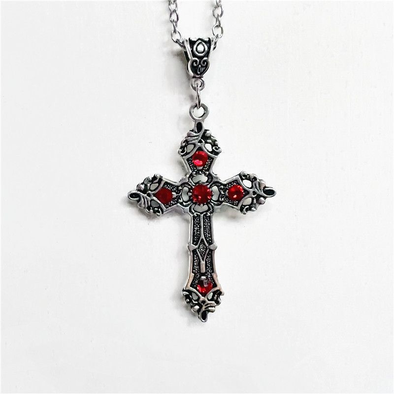 European and American New Products Simple Gothic Retro Ruby ​​Cross Pendant Necklace Spot Direct Sale