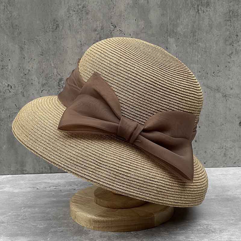 French retro organza bow lampshade straw hat Women's Big brim foldable thin straw beach sunshade fisherman hat