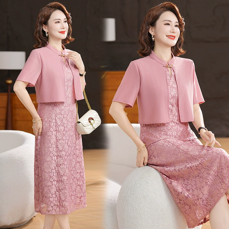 Летнее платье для мамы, улучшенное кружевное платье-чонсам, свадебное банкетное платье из двух частей, женское платье среднего и пожилого возраста, длинная юбка