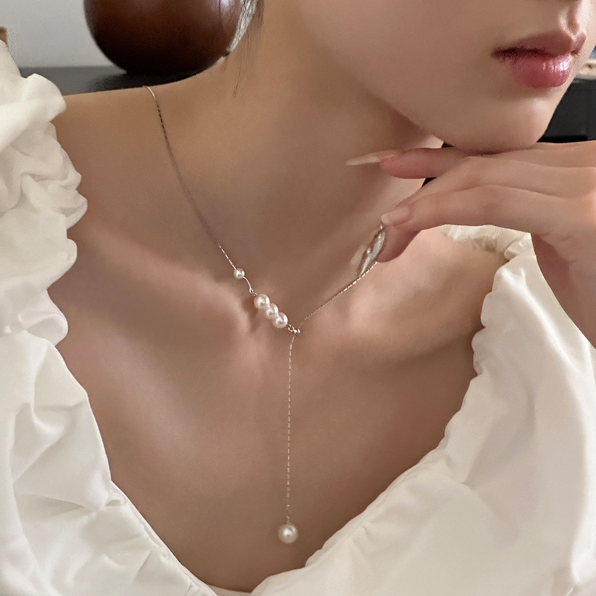 925純銀大小珍珠項鍊女精緻個性小眾抽拉設計鎖骨鏈高級感頸鏈新