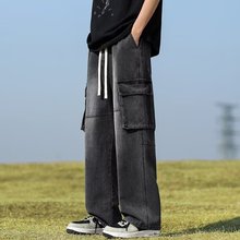 秋季半松紧腰牛仔裤男直筒宽松拼接休闲长裤潮阔腿坠感拖地裤子男