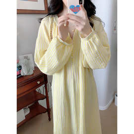 实拍2025秋季新款黄色条纹花边珍珠扣双层纱长袖睡裙外贸批发