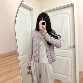 高版本CH家冬季新款小香风重工镶钻珍珠圆领针织开衫外套女上衣