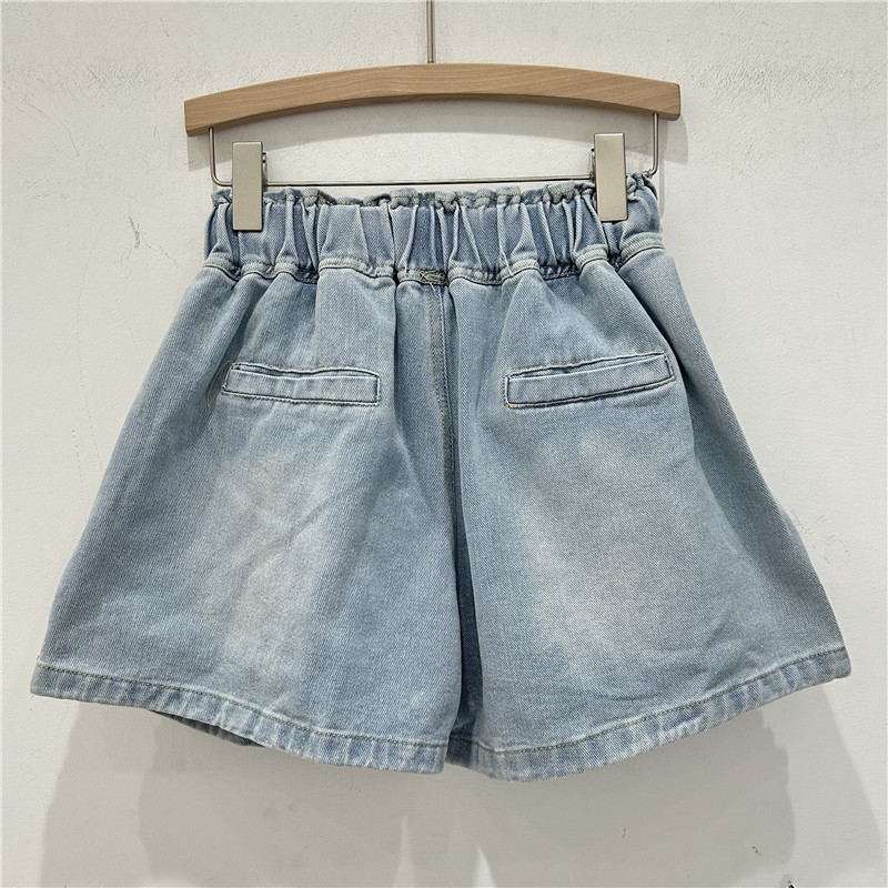 Pantalones Cortos de Mezclilla de Pierna Ancha con Cintura Elástica y Diamantes para Verano