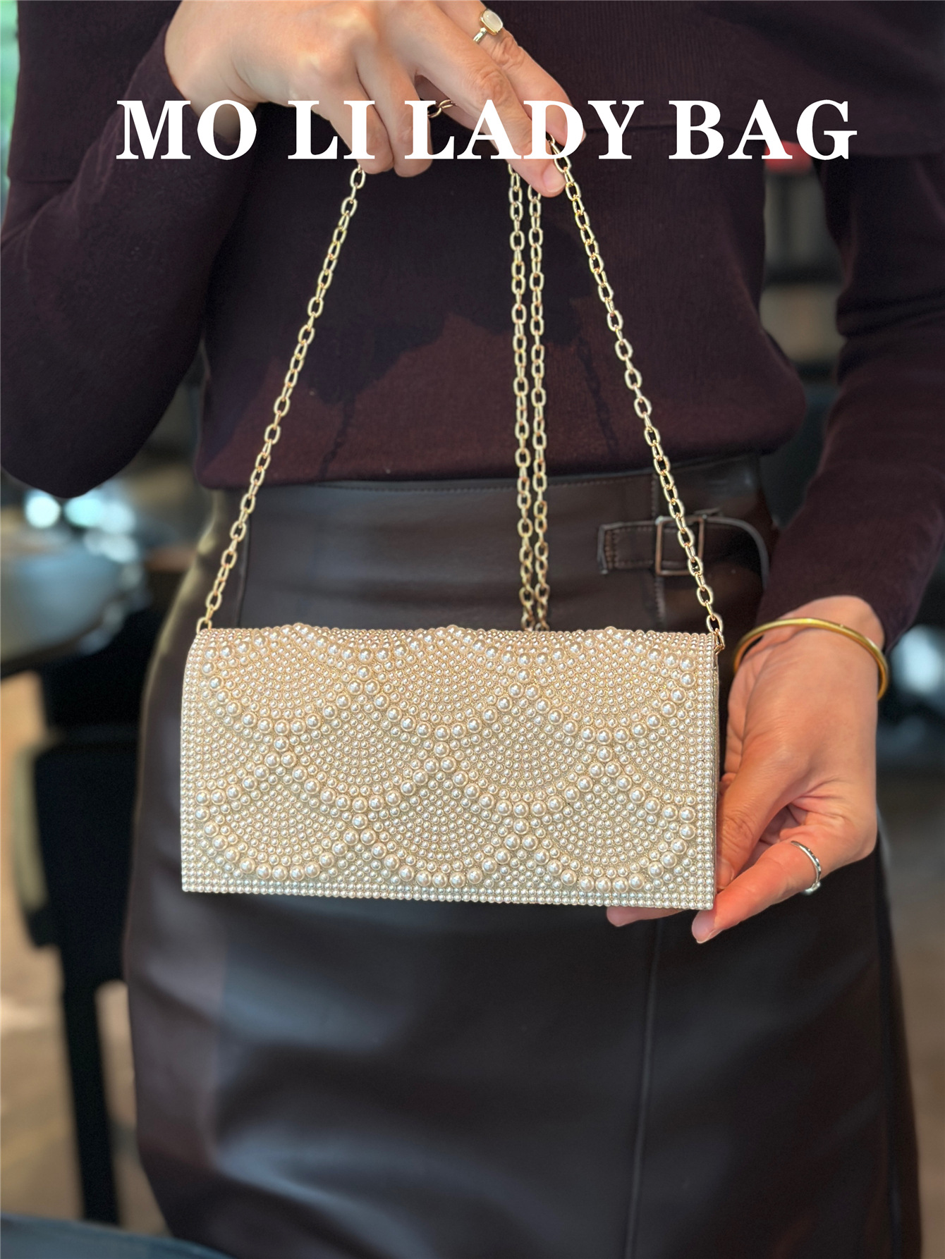 Bolso de Mano de Noche con Perlas, Poliéster, Decoración de Perlas y Cadena, para Fiesta de Noche y Bodas image 5