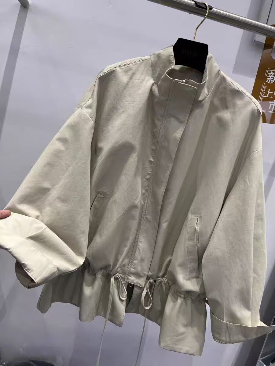 ng2510292 European Style 2026 Spring New Stand Collar Zipper Drawstring Fashionable Loose Casual Mid-Length Trench Coat Women's_ecoleips.com