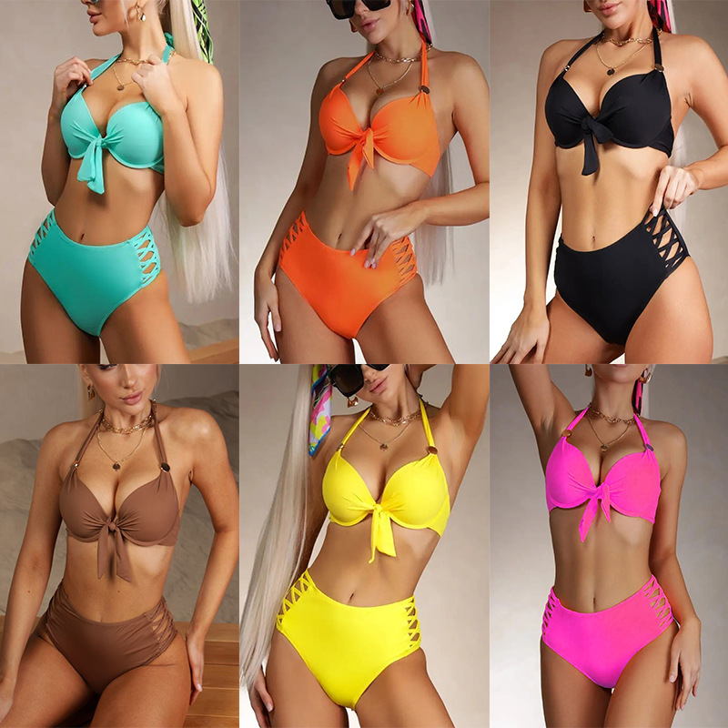 Spot 2024 Pure Color High Waist Cut Out Hard Bag Bikini Popular Swimsuit Underwire Bikini B031