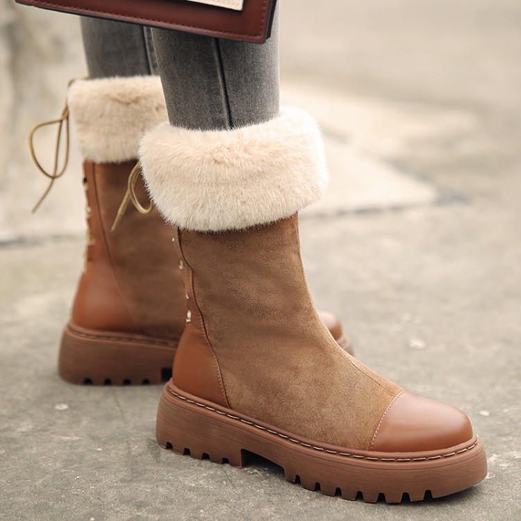 雪地靴女秋冬款厚底中跟拼接牛皮保暖短筒帅气复古风马丁靴大码鞋