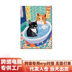 现代简约卡通客厅家居装饰画跨境专供北欧猫咪动物卧室帆布画芯