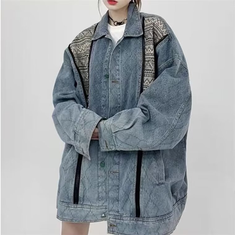 秋冬新款美式复古百搭牛仔外套男女机车潮牌翻领夹克宽松休闲上衣|undefined