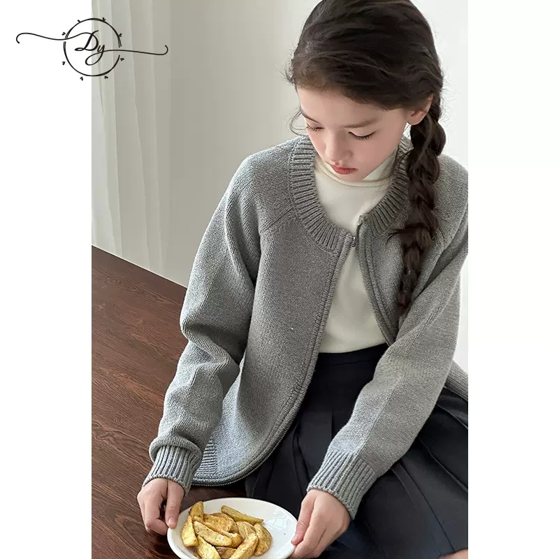 桑洛童装女童针织开衫2025春季新款保暖软糯儿童厚款纯色毛衣外套