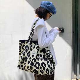 原宿韩版百搭购物袋豹纹休闲大容量秋冬帆布包女单肩学生托特Y95