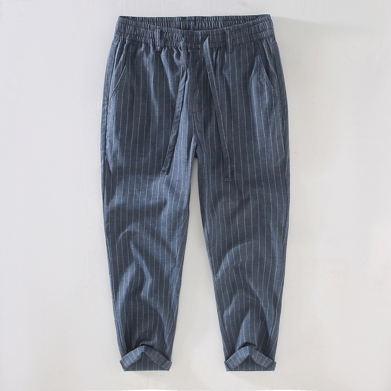 Pantaloni scurți din in pentru bărbați, de primăvară și vară, subțiri, casual, cu dungi, talie elastică, legați, pantaloni din in_voghion.com