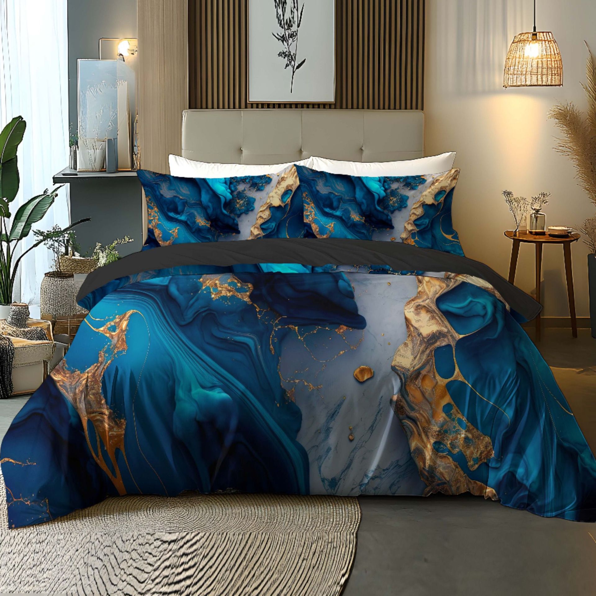 TEMU / JIT negro y blanco textura de mármol molienda impresión digital kit de colcha de tela para el hogar se puede diseñar