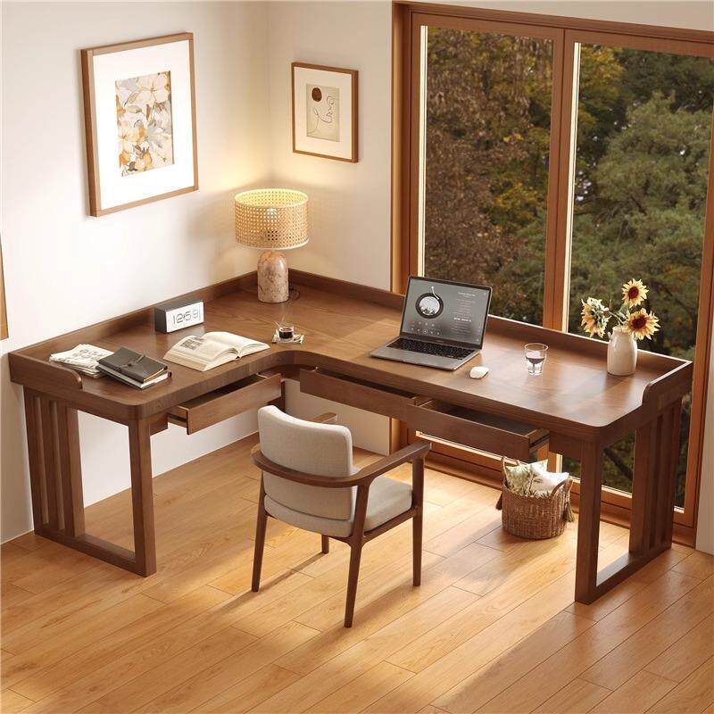 Solid Wood Corner Desk with Drawers, Corner Desktop Computer Desk, Bedroom Double Study Desk, Home Office Desk