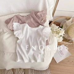 2024 Girls' Summer Shuzhuo Lace Edge Short Sleeve Korean Style Baby Sweet Flying Sleeve Striped Solid Color T-Shirt Simple and Literary