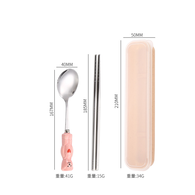 Corea del Sur ins lindo dibujos animados portátil de cerámica mango Acero inoxidable palillos Palillos vajilla hogar Bento desayuno