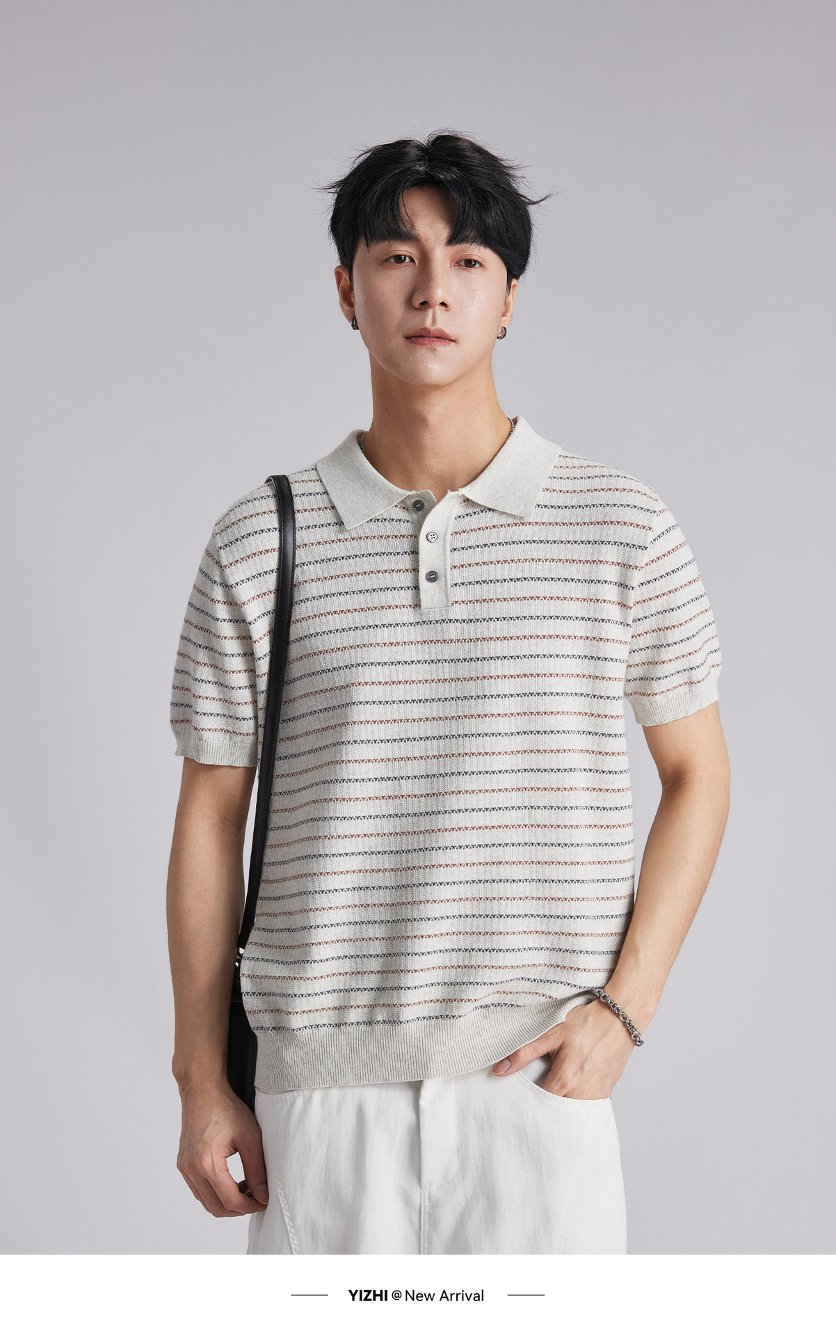 Áo polo nam dệt kim cotton sọc ngắn tay, phong cách old money, form ôm thoáng khí — Hạnh nhân sọc chi tiết 8