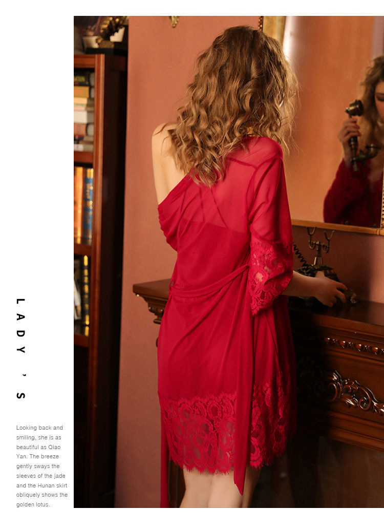 GraceChic GraceChic 2021 Primavera Estate Nuovo Sexy Pigiama da Donna in Stile Europeo Americano Set Due Pezzi Camicia da Notte in Pizzo Sottile e Vestaglia_voghion.com