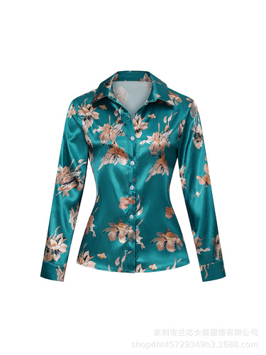 【Label】Golden Lotus Print Shirt for Spring and Summer, Collared, Elegant Satin Face, Tapered Long Sleeve Professional Clothing