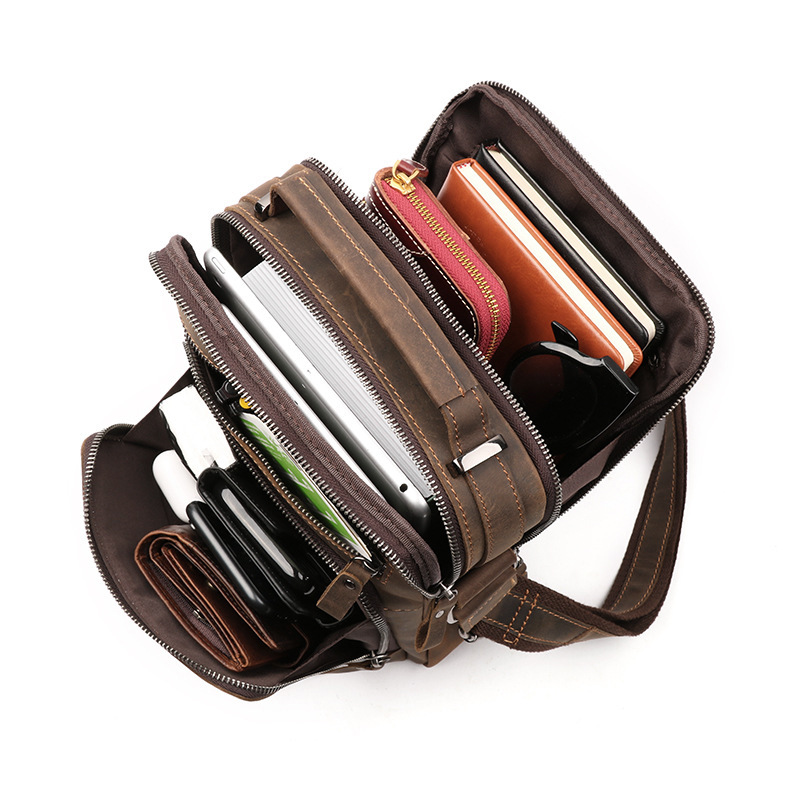 Bandolera de cuero genuino para hombre transfronterizo, mochila cruzada informal de piel de vaca retro para hombre, bolso cruzado multifuncional de gran capacidad