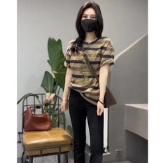 FL231340 Summer Short Top Round Neck Shoulder American Style Retro Striped Short Sleeve T-Shirt Jeans suit