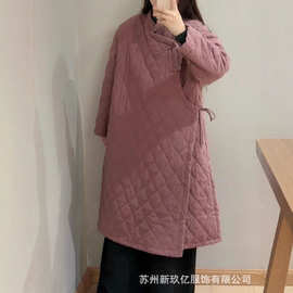 2025冬季文艺休闲天丝苎麻斜襟加棉棉衣 中式压条夹棉立领长袍女