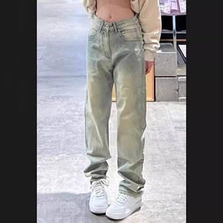 跨境美式复古高街水洗做旧黄泥色直筒牛仔裤女显瘦显高拖地裤子潮