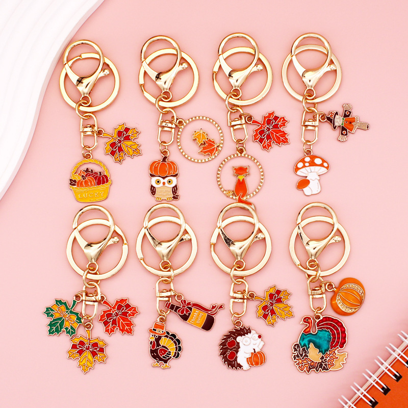 Cross-Border Cartoon Thanksgiving Alloy Turkey Hedgehog Maple Leaf Owl Keychain Pendant Girls Bag Pendant