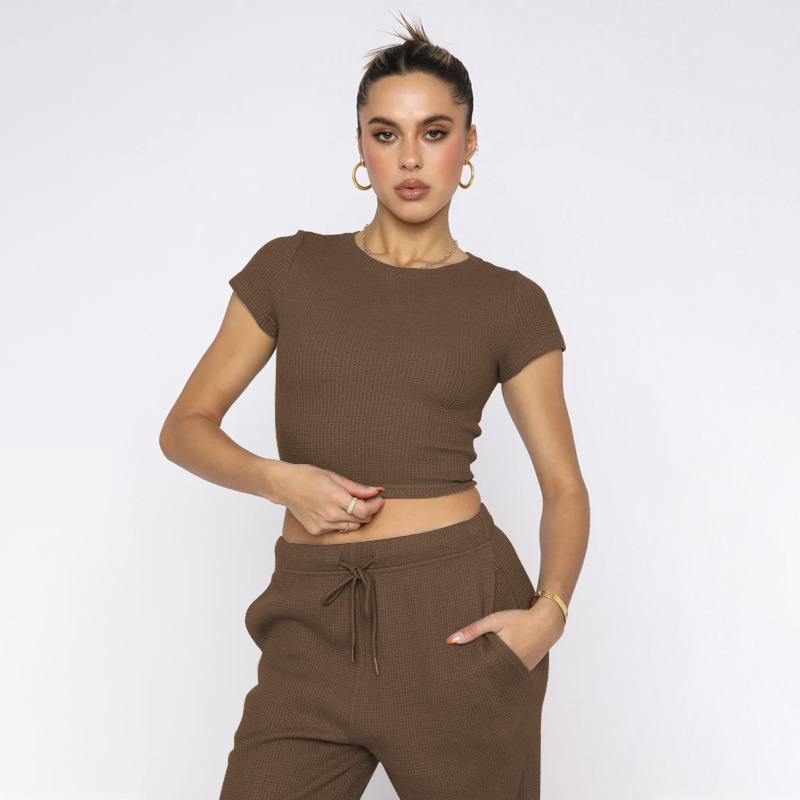 Spring Summer Solid Color Waffle round Neck Short Sleeve Women Clothing Casual Trousers Sets 27 Spring Summer Solid Color Waffle round Neck Short Sleeve Women Clothing Casual Trousers Sets