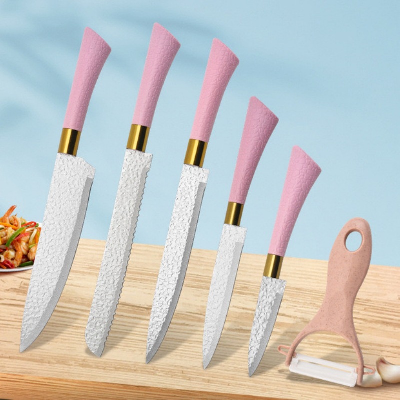 En stock al por mayor galvanoplastia herradura mango martillo patrón combinación cocina vegetal corte carne seis piezas traje de cuchillo de acero inoxidable