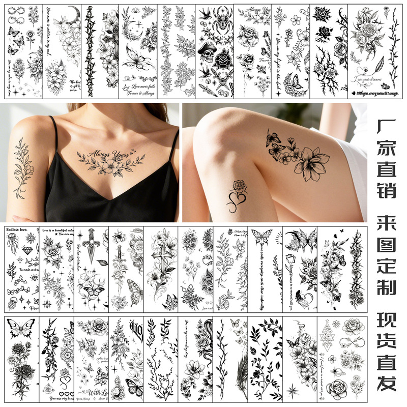 Cross-Border New Style Fresh Tattoo Stickers Sketch Floral Butterfly Sexy Female Tattoo Temporary Dark Tattoo Stickers