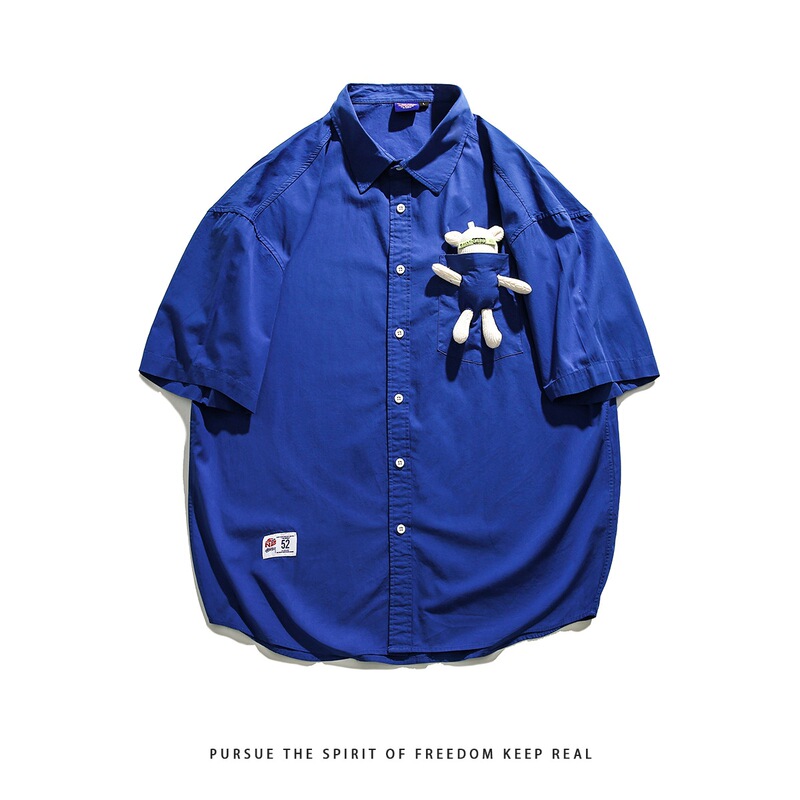 Klein Blue Bear Short-sleeved Shirt Men's Summer National Fashion High Street Loose Fashion Brand Couple Casual Half-sleeved Shirt