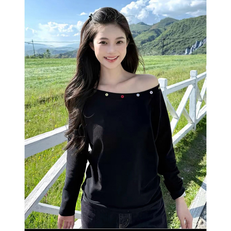 美式复古黑色斜肩长袖t恤女2025新款设计感修身显瘦辣妹露肩上衣|undefined