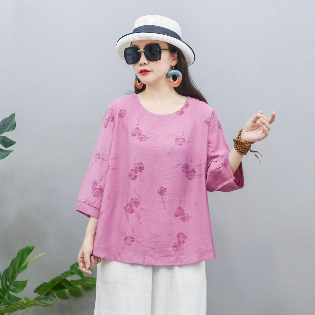 2025 nueva camiseta china de mujer impresa suelta de manga corta camiseta de verano camiseta de base de cuello redondo literaria