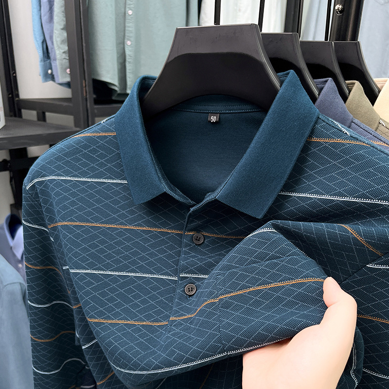 Brand Mercerized Cotton T-Shirt Men's Long-Sleeve Collared Shirt with Real Pockets Middle-Aged Tops Dad's High-End Striped Polo Shirt