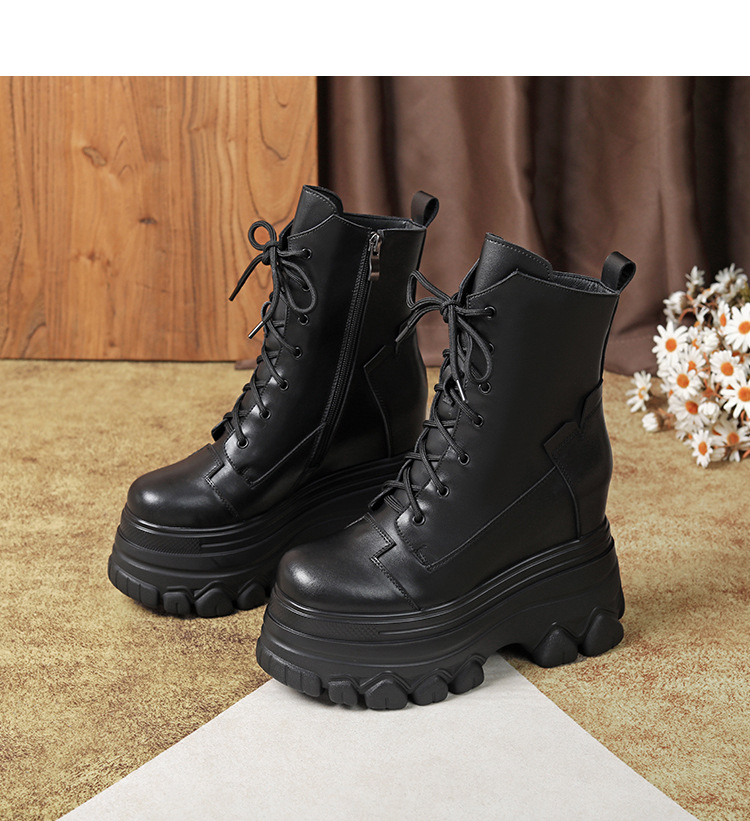 Boot nữ da thật đế dày tăng chiều cao 12 cm dây buộc cổ thấp — Đen lót nhung chi tiết 18