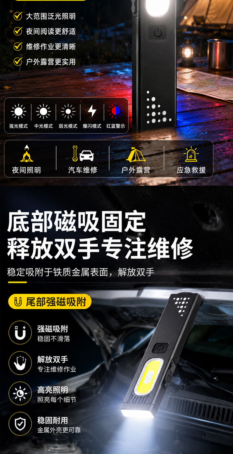 Cross-Border Hot-Selling Mini Aluminum Alloy Flashlight with Side Light, Portable Magnetic Led Work Light for Auto Repair
