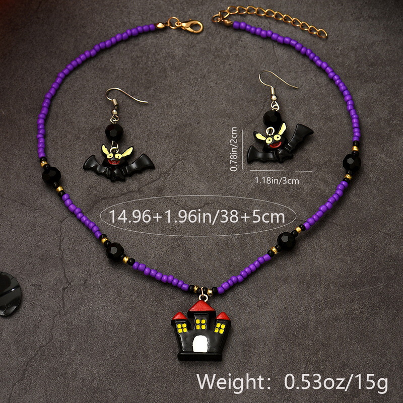 Set di perline di riso di vendita calda di Halloween, collana di orecchini a forma di pipistrello del castello oscuro in resina, set di gioielli fai da te per festival di fantasmi_voghion.com