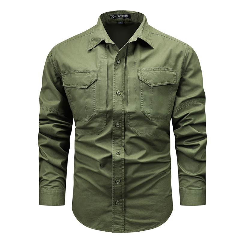 Primavera y verano camisa de mangas largas para hombres de bolsillo camisa de trabajo al aire libre ropa de secado rápido suelta ropa de hombre grande