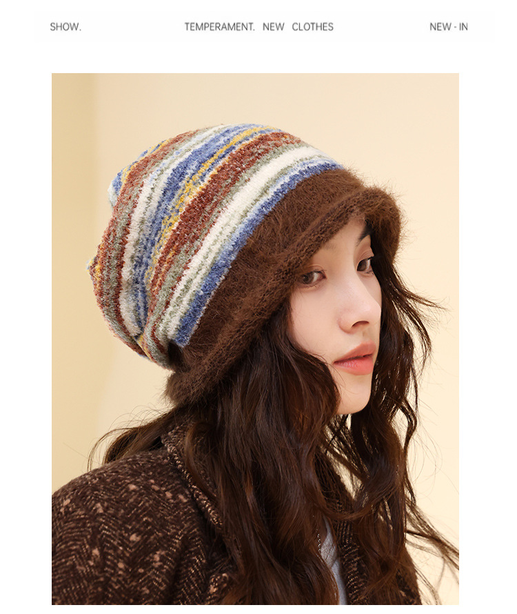 Cappello invernale da donna in maglia a blocchi di colore, stile coreano, stile retrò, con protezione per le orecchie, versatile e caldo, a righe_voghion.com