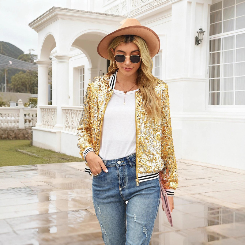 Cross-Border European and American Amazon Autumn and Winter New Fashion Sequin Bomber Jacket Long-Sleeve Women's Coat Source Factory