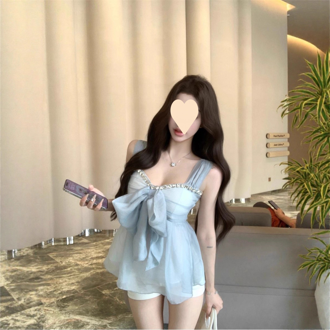 여성을위한 프랑스 스타일 보우 디자인 쉬폰 셔츠 여름 새로운 섹시한 서스펜더 탑 루즈 피팅 다이아몬드 셔츠