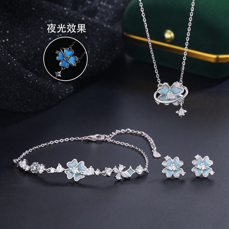 帝丰999足银星愿四叶草项链女轻奢ins夜光珐琅手链高级感精致耳饰|undefined