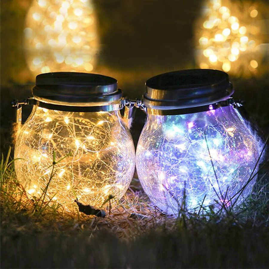 New Solar Cracked Glass Lamp with Copper Wires, Mason Jar Edge Cover, Garden and Courtyard Decor, Cracked Glass Pendant Lamp