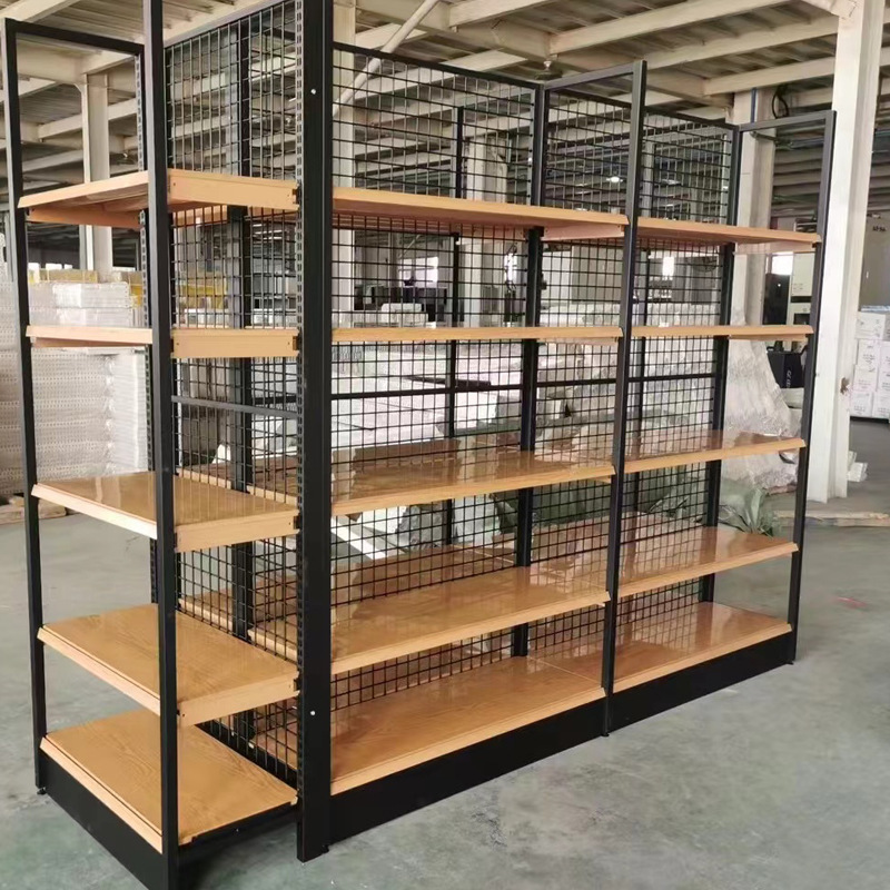 商超四柱木纹货架便利店零食水饮置物架厂家直销单双面货架展示架