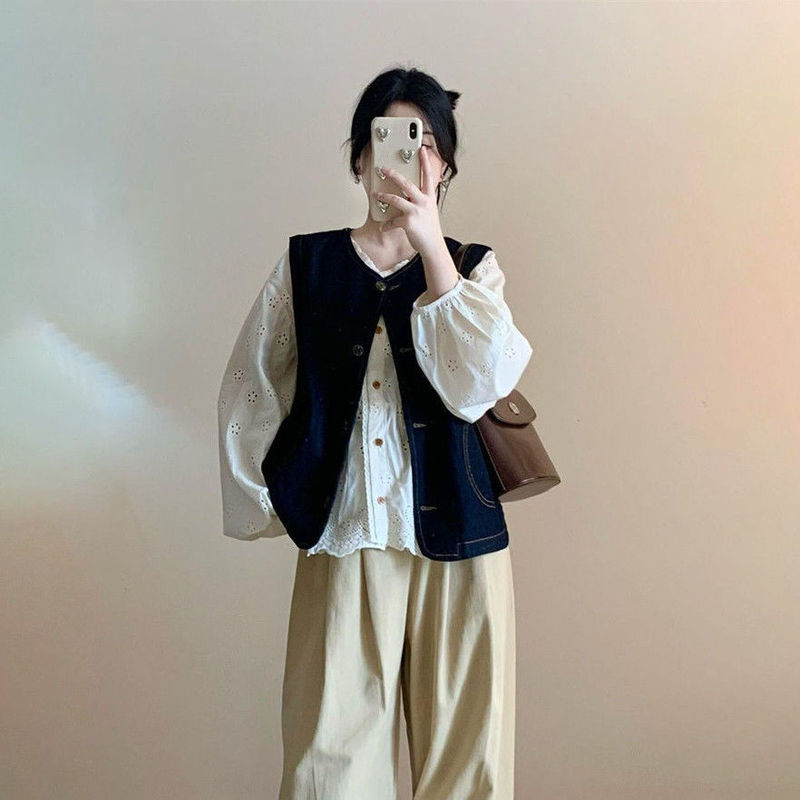 韩系复古早秋穿搭一整套牛仔马甲背心女+绣花衬衫+垂直宽松感裤子|undefined