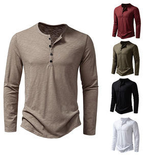 Foreign trade wholesale Amazon cross-border Men's long sleeve T-shirt bamboo cotton Henry collar polo shirt fashion long sleeve T-shirt men
