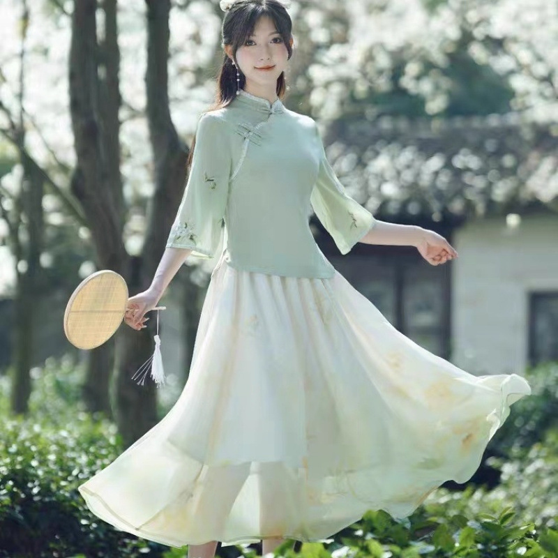 新しい中国風の漢要素禅茶服チャイナドレス中華民国スタイル改良された漢服レトロ文学と芸術的な国民風の妖精気質の婦人服|undefined