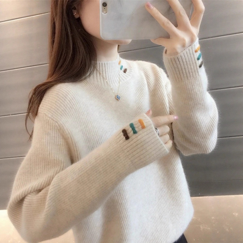半高领毛衣女秋冬2025年新款秋冬季韩版慵懒风纯色绣花针织打底衫|undefined